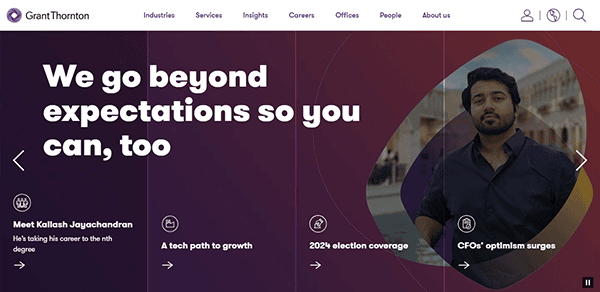 The Grant Thornton website, one of the best accounting firm websites, showcases the slogan "We go beyond expectations so you can, too," featuring industry articles and a profile image of a person on the right.