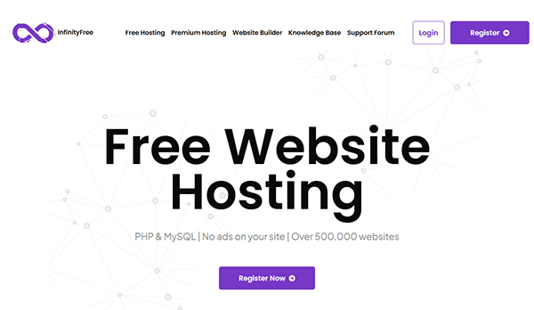 Discover the best options for free hosting without ads, complete with PHP & MySQL support. Our homepage offers seamless navigation, including Free WordPress Hosting details, easy access to register or login, and a menu for hosting plans, website builder tools, knowledge base insights, and support.