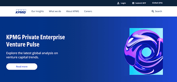 KPMG's webpage for "Private Enterprise Venture Pulse" showcases an exemplary accounting firm design, featuring a shiny abstract circular motif on a blue background with top navigation links.