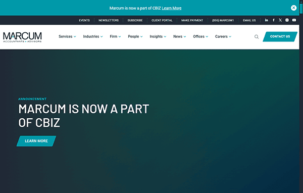 Website announcement: "Marcum, a renowned name in Accounting Firm Websites, is now a part of CBIZ" with navigation menu and contact button at the top.