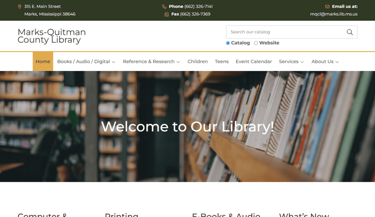 Library homepage with sections for computer access, printing, e-books, and research databases. Includes contact info, business hours, and options for borrowing or faxing.