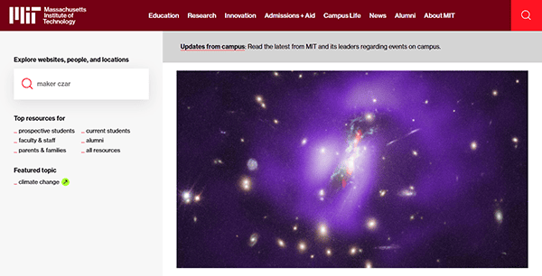 The MIT website features a cosmic image with bright purple and blue hues, scattered stars, and is surrounded by informational links and navigation options—truly one of the best college sites for exploring both academic and celestial wonders.