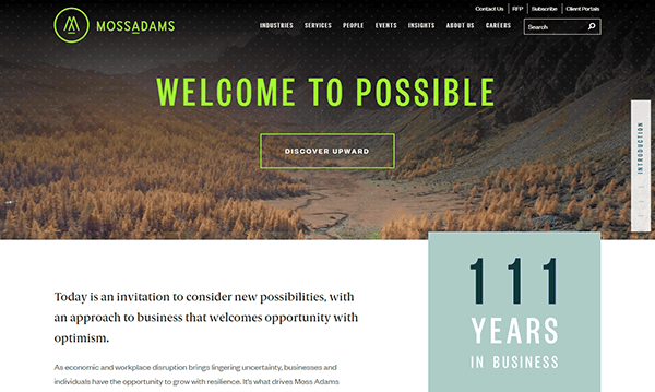 Website homepage of Moss Adams with a banner reading "Welcome to Possible." Celebrating "111 Years in Business," this accounting firm design features a scenic background of a valley, showcasing why it's considered one of the best accounting websites.