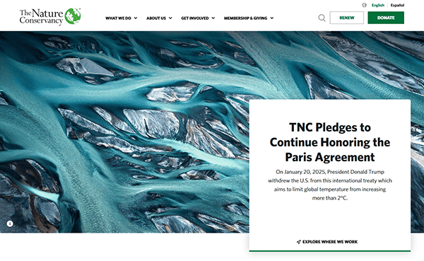 The Nature Conservancy website, celebrated as one of the best charity websites, features a nature image background. A text overlay discusses pledging to honor the Paris Agreement and mentions the U.S. withdrawal on January 20, 2025.