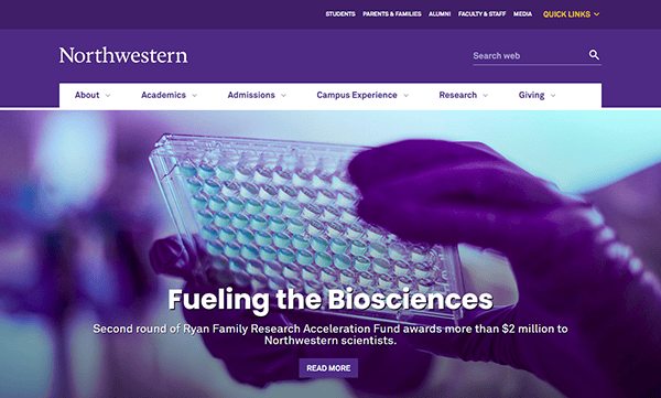 Person wearing gloves holds a laboratory plate. Text overlay reads "Fueling the Biosciences," highlighting Northwestern's commitment to cutting-edge research funding, as showcased on one of the best university websites.