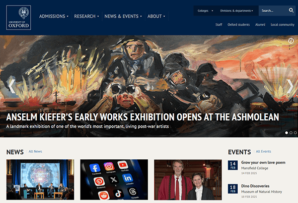 The University of Oxford homepage, recognized as one of the best college websites, features an art exhibition announcement with a captivating painting and event details.