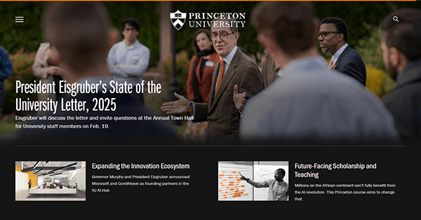 Princeton University's website, a leader among college websites, highlights President Eisgruber's letter, town hall details, and articles on innovation and scholarship. President Eisgruber is depicted speaking to an engaged audience.