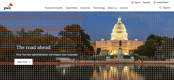 The homepage of our website showcases the U.S. Capitol building at dusk with overlay text reading, "The road ahead: How the new administration will impact your business." Explore insights on our expertly crafted accounting firm websites tailored to navigate upcoming changes.