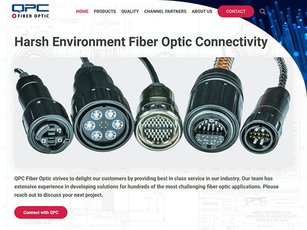 Image of various rugged fiber optic connectors displayed on a webpage for QPC Fiber Optic. The text highlights solutions for challenging fiber optic applications.