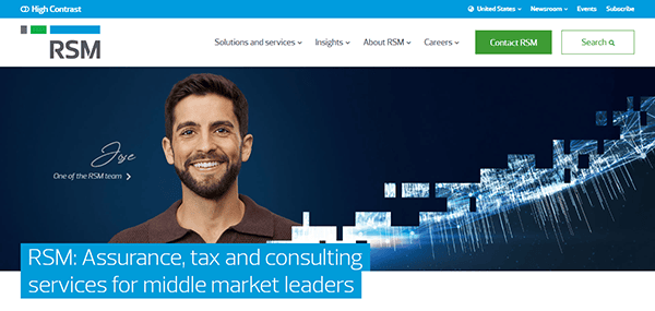 The RSM website homepage features a smiling man and the signature "Jose," showcasing assurance, tax, and consulting services for middle market leaders. As one of the best accounting firm websites, it highlights our expertise in delivering tailored financial solutions.