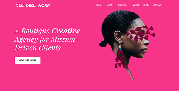 Website homepage with a pink background, showcasing a profile of a woman adorned with artistic geometric shapes over her eyes. Text reads "A Boutique Creative Agency for Mission-Driven Female Entrepreneurs" and includes a "View Our Work" button.