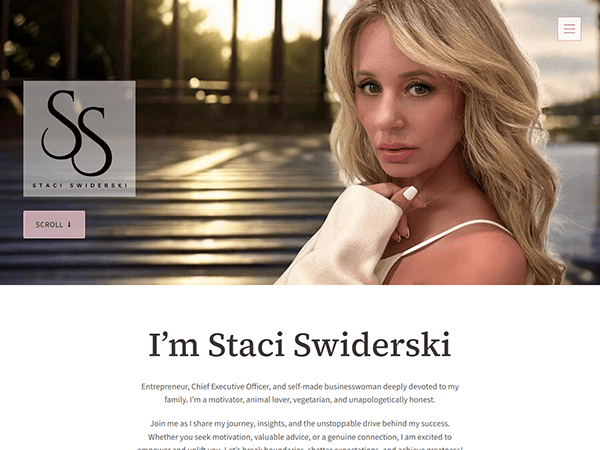 Website homepage featuring "Staci Swiderski." A woman with long blonde hair poses beside text describing her as an entrepreneur and executive.