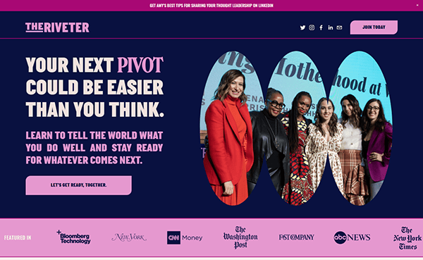 Promotional banner showcasing five entrepreneurs; text reads "Your next pivot could be easier than you think. Learn to tell the world what you do well and stay ready for whatever comes next." Perfect inspiration for female entrepreneurs navigating their path.