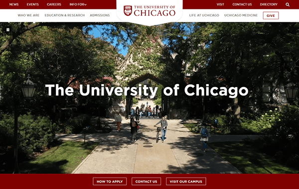 The University of Chicago's homepage showcases its welcoming entrance, bustling with people and framed by lush trees, exemplifying one of the best college websites.