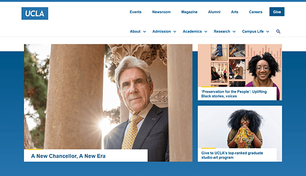 Explore one of the best college websites at UCLA's homepage, showcasing a distinguished male leader with white hair. Stay informed with related news and contribute to the future through our donation section.