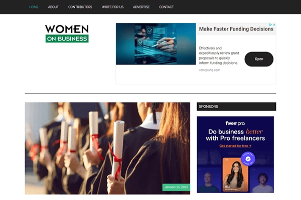 Screenshot of a website titled "Women on Business" showcases an array of menu options. The display includes a banner ad about the best funding decisions, an image of graduates, and a Fiverr ad featuring freelance services—ideal for female entrepreneurs seeking growth.