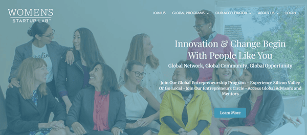 A group of seven people sitting together, engaged in conversation. Text on the right side promotes a global entrepreneurship program at Women's Startup Lab, inspiring female entrepreneurs to explore the best websites and resources for success.