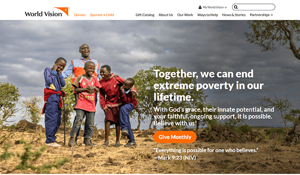 Children stand in an open field with a sky backdrop, embodying hope. A World Vision message on ending poverty is displayed alongside a donation call to action and a biblical quote. Join one of the best charity websites to make a difference today.