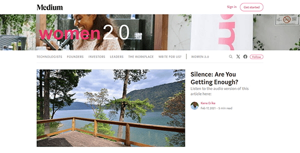 A Medium article webpage titled "Silence: Are You Getting Enough?" by Kane Erike features a scenic lake view with trees in the background. Discover why carving silence into your life is as essential for female entrepreneurs as finding the best websites to elevate their ventures.