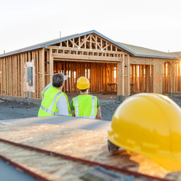 Two home builders in yellow vests and helmets stand before a partially built wooden house frame under a clear sky. A yellow hard hat is prominently in the foreground, symbolizing their dedication to craftsmanship and safety.