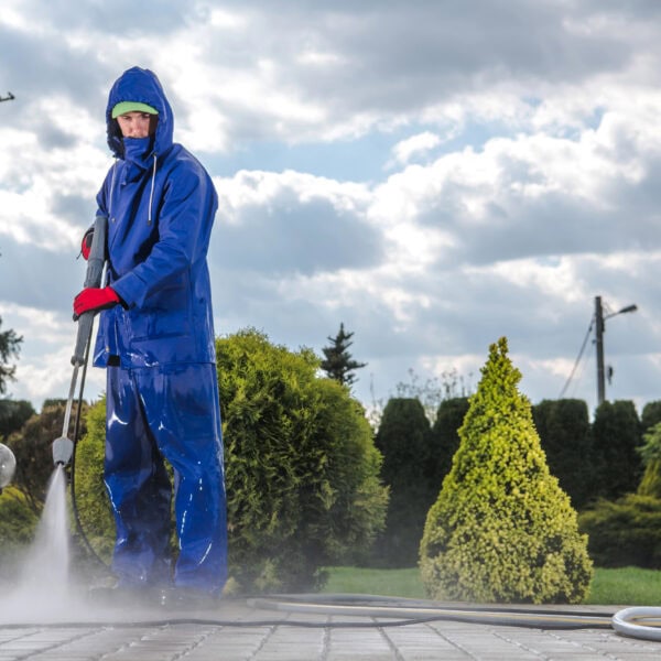 A person in blue protective gear expertly wields a pressure washer, power washing a patio in a serene garden setting.