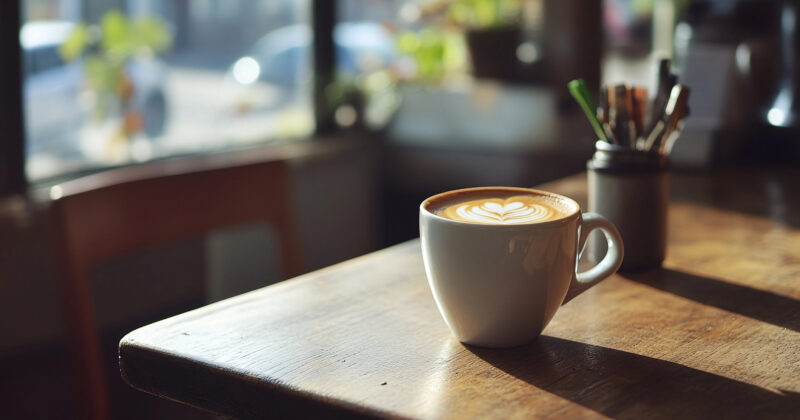 A cup of coffee with latte art sits on a wooden table near a window, sunlight streaming in, capturing the essence that best cafe websites strive to design. A jar of pens graces the background, completing this serene setting.