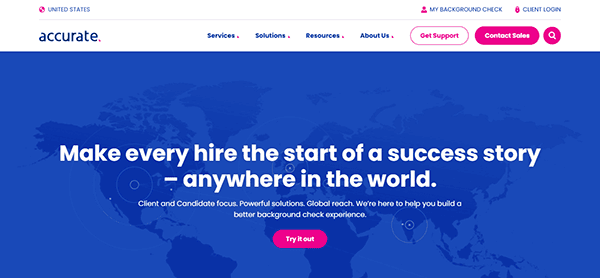 Website homepage screenshot featuring a global map background. Text highlights successful international hiring and showcases Background Check Websites. Buttons invite users to try the service and contact sales, offering seamless solutions for worldwide recruitment needs.