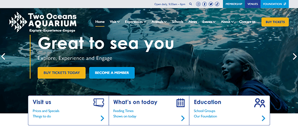 Welcome to our aquarium site where "Great to sea you" greets you beside a smiling person and a large fish. Navigate with ease through links for tickets, membership, and educational info, making us one of the best aquarium websites you'll explore.