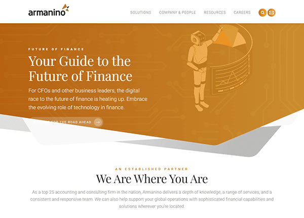 Futuristic finance-themed webpage featuring a robot and graph illustration. Text reads "Your Guide to the Future of Finance" and "We Are Where You Are." Armanino logo prominently displayed at the top. Explore one of the best accountant websites tailored for tomorrow's financial landscape.