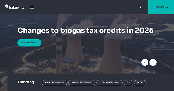 A website screenshot highlights the headline "Changes to biogas tax credits in 2025," featuring a nuclear power plant image. An accountant website design touch is evident, with a sleek "Discover more" button and trending topics. The company logo sits prominently at the top.