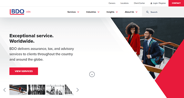 BDO USA's homepage, one of the best accountant websites, showcases the slogan "Exceptional service. Worldwide." It features a sleek navigation menu, detailed service descriptions, and an image of two people walking in a modern office setting, epitomizing top-tier accountant website design.