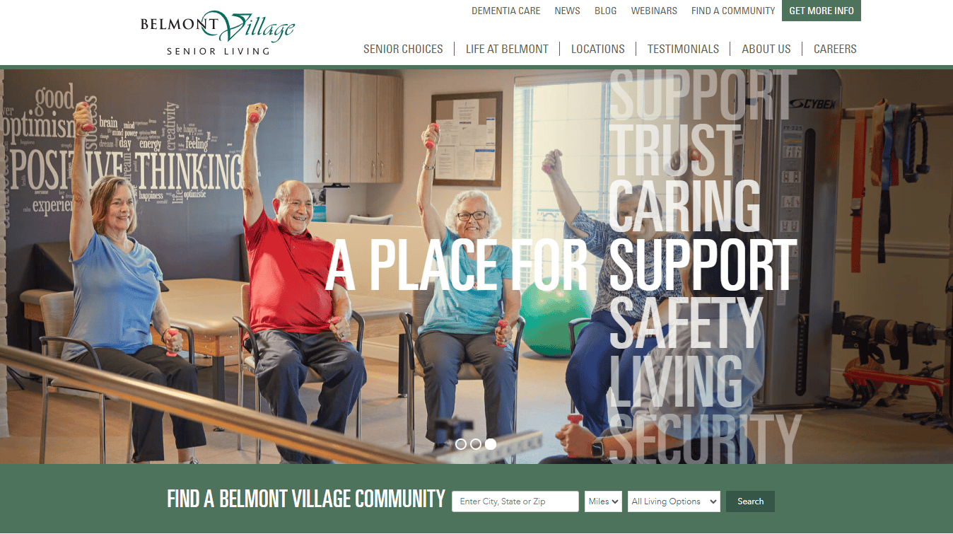 Four seniors seated in a well-lit room, lifting small weights with an instructor, embodying the essence of "Best Assisted Living" with support, trust, caring, safety, living, and security. Website banner at the top.