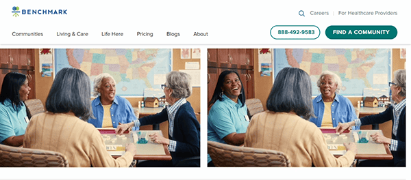 Three women sit around a table in an assisted living community, happily playing a board game and engaging in lively conversation.