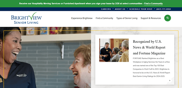 Two people smiling on the left. On the right, a website section showcases accolades about Brightview Senior Living as one of the Best Assisted Living communities from U.S. News & World Report and Fortune Magazine.