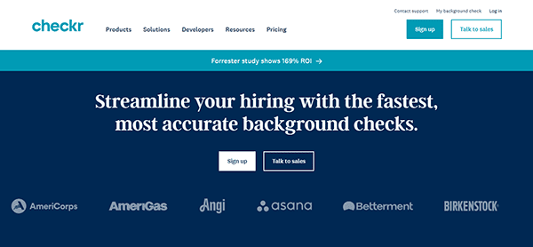 The Checkr homepage features a compelling tagline about efficient background check services, showcasing logos of partner companies such as AmeriCorps, AmeriGas, Angi, Asana, Betterment, and Birkenstock.