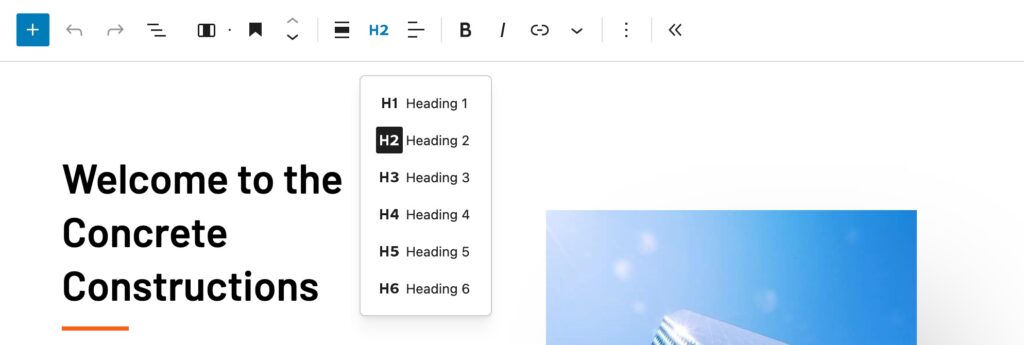 Screenshot of the Wordpress Blocks interface with the heading selector tool expanded