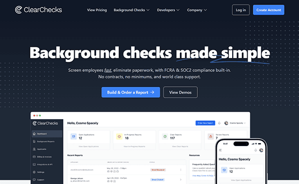 ClearChecks homepage underscores its status among top background check websites, promoting "Background checks made simple." It offers fast, compliant screening services with features like buttons for building reports, viewing demos, and a dashboard preview.