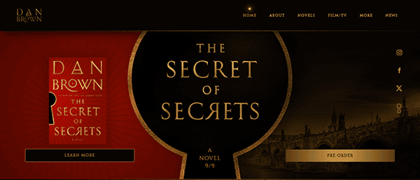 Discover the captivating "The Secret of Secrets" by Dan Brown on one of the best author websites. Dive into a dark-themed experience with seamless navigation and options to learn more or pre-order your copy today.