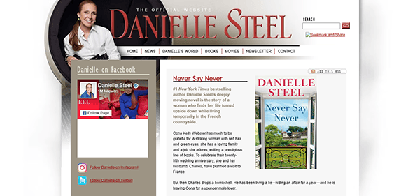 Screenshot of Danielle Steel's website showcasing her book "Never Say Never," with a concise description. The site, listed among the 20 best author websites, features links to social media and easy navigation options.