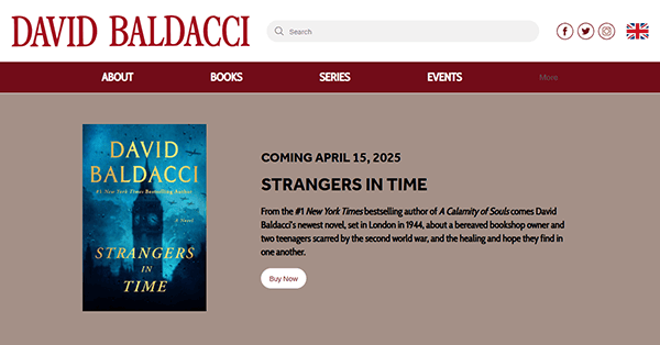 Screenshot of a website featuring "Strangers in Time" by David Baldacci, set to release on April 15, 2025. The sleek author website design includes a summary and a tempting "Buy Now" button, showcasing one of the best author websites around.