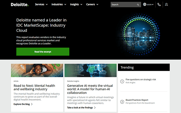 Screenshot of Deloitte's website showcasing its recognition as a leader in IDC MarketScape: Industry Cloud. The site also features articles on mental health, AI, and strategic risks, offering a glimpse into one of the best accountant website designs.