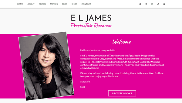 E.L. James' website homepage boasts a welcoming photo of the renowned author, alongside a heartfelt message and news about her latest book, "The Mister." Recognized as one of the best author websites, it's a perfect destination for fans seeking updates and exclusive insights.