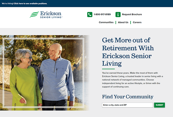 Elderly couple strolling outdoors, surrounded by lush greenery. Discover Erickson Senior Living's community living options with continuing care. Explore our website for the best assisted living resources, contact info, and a handy search box to find nearby communities.