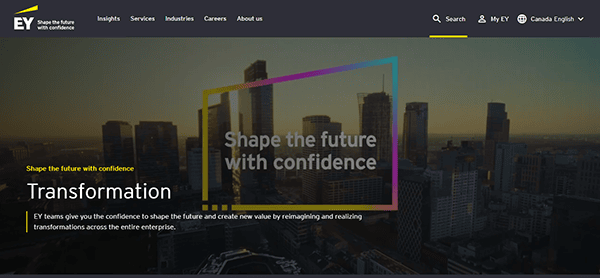 The EY website homepage elegantly combines a city skyline background with motivating text like "Shape the future with confidence" and "Transformation," setting a benchmark for the best accountant websites.