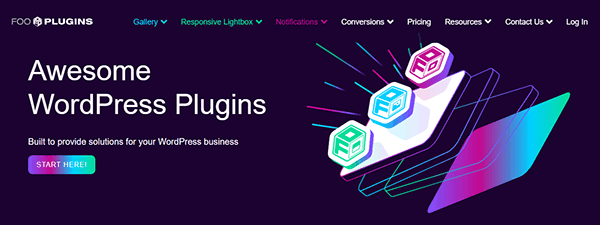 The FooPlugins homepage features the best WordPress gallery plugins, highlighted with vibrant design elements and an intuitive navigation menu.