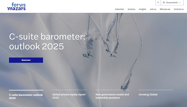 The homepage, titled "C-suite Barometer: Outlook 2025," features a header image of skiers on a snowy slope. Explore insights like the "Best Accountant Websites" through our navigation menu, which includes Industries, Services, and more.