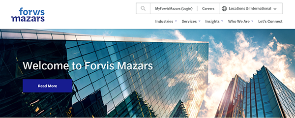 The homepage of Forvis Mazars boasts a sleek design, showcasing a reflective skyscraper alongside an intuitive menu bar. It's a standout in the realm of best accountant websites, combining functionality with modern aesthetics seamlessly.