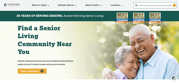 A senior couple embracing and smiling on a website showcasing assisted living communities, highlighted by award badges and the text "25 Years of Serving Seniors. Award-Winning Assisted Living." Visit one of the best assisted living websites for more information.