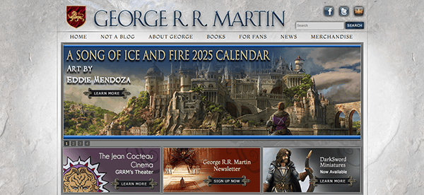 Screenshot of one of the best author websites showcasing the "A Song of Ice and Fire 2025 Calendar" art by Eddie Mendoza. Navigate through the menu with links like "Home," "Not a Blog," "About George," and "Merchandise.