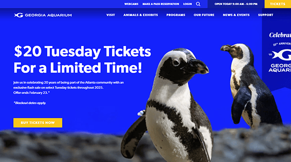 Penguins grace the promotional banner for Georgia Aquarium's $20 Tuesday tickets, highlighting why it's renowned as the best aquarium. Discover more about this exciting offer on aquarium websites!.